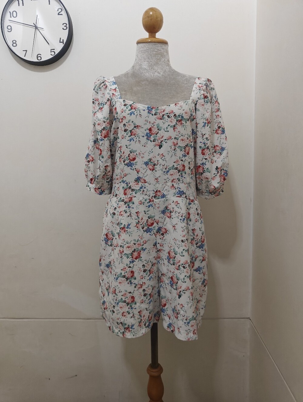 Floral Square-Neck Puff Sleeve Women's Dress - White with Pink & Blue Floral